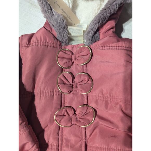 First Impressions Baby Girl Sherpa Lined One Piece Pink Snowsuit Size 6-9m bows - Picture 3 of 3